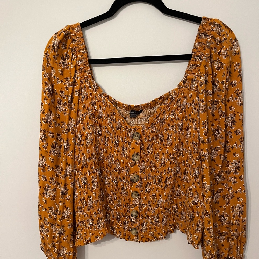 American Eagle Outfitters Mustard Floral Button-Front Peasant Blouse